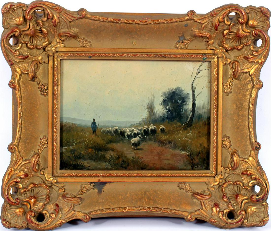 Shepherd with flock of sheep in landscape, panel 18x24: Signed Henk Endlicht (Henk Welter) 1885-1947, Shepherd with flock of sheep in landscape, panel 18x24 cm