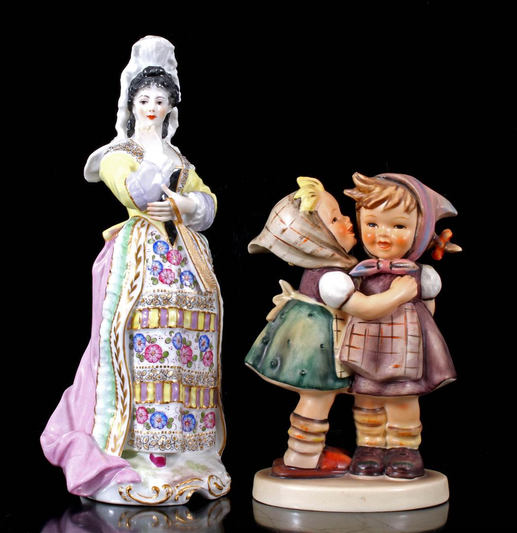 Hummel earthenware sculpture group of girls: Hummel earthenware sculpture group of girls 13 cm high and Meissen porcelain sculpture of woman 19 cm high