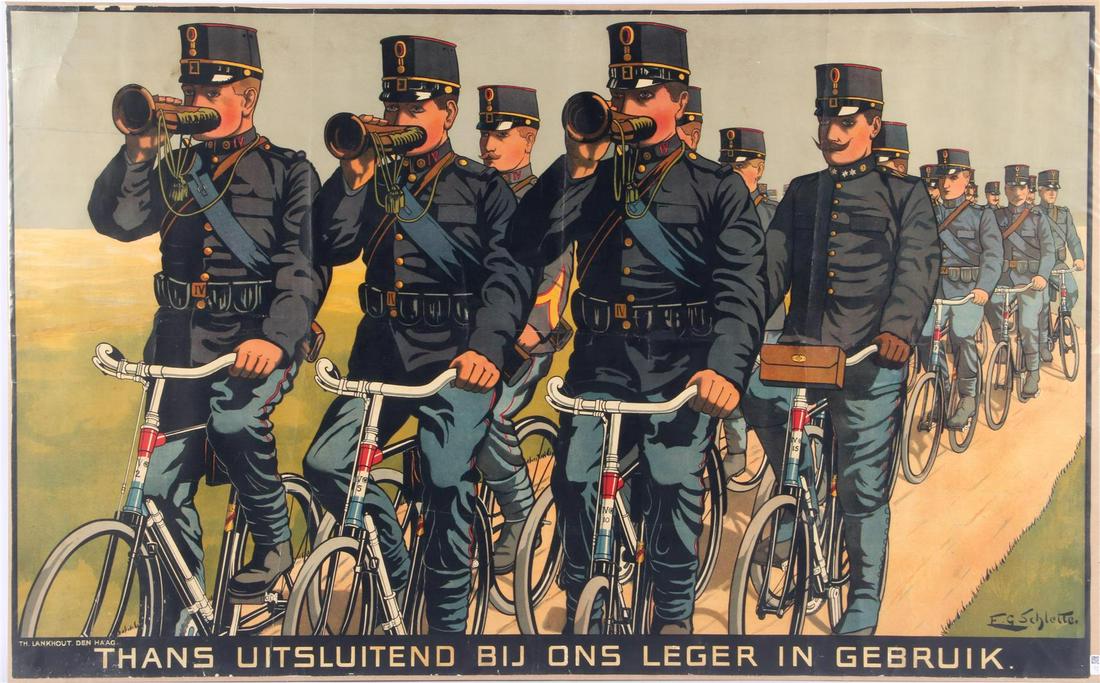 Old advertising poster of Fongers bicycles: Old advertising poster of Fongers bicycles, made by FG Schlette in 1915, currently only used by our army, sealed in plastic on a board, 86x135 cm