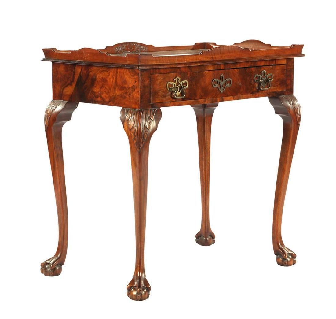 Walnut tea table with drawer, insert, brass fittings: Walnut tea table with drawer, insert, brass fittings and loose glass plate, standing on claw feet 76 cm high, 75 cm wide, 48 cm deep