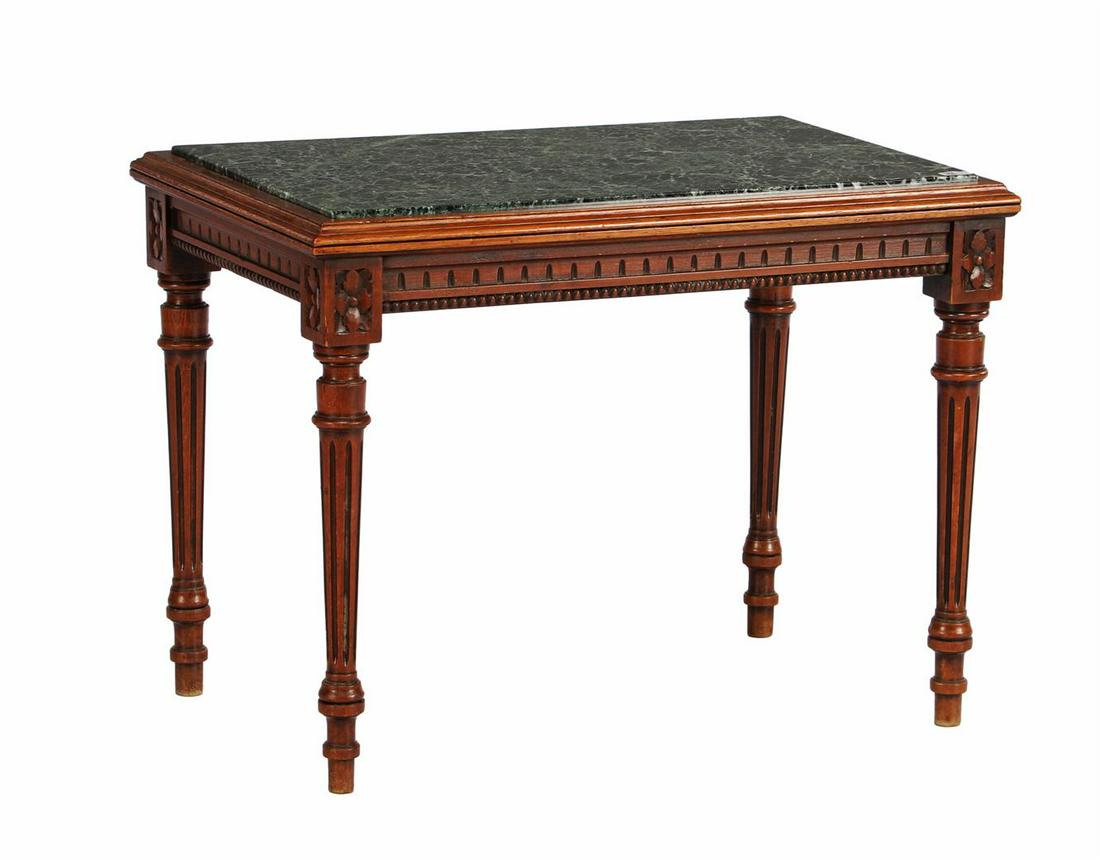 Walnut side table in Louis Seize style with green: Walnut side table in Louis Seize style with green marble top and fluted tapered legs, 44 cm high and top size 58x38 cm