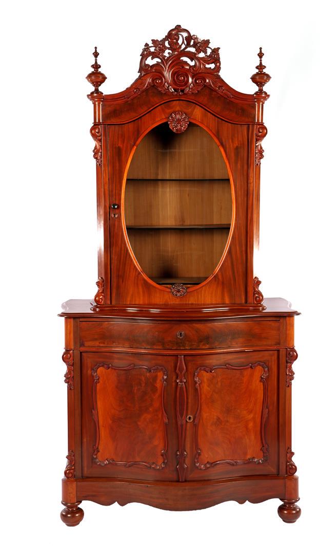 Mahogany veneer Biedermeier bonheur with crest on top: Mahogany veneer Biedermeier bonheur with crest on top cabinet and curved front base cabinet 235 cm high, 110 cm wide, 54 cm deep