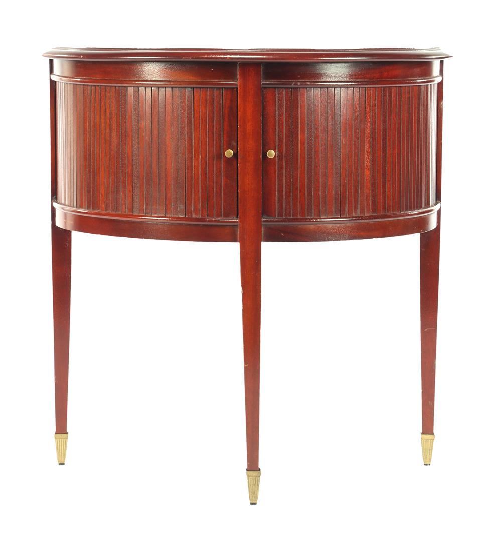 Demi lune walnut table with roller shutter doors 68 cm: Demi lune walnut table with roller shutter doors 68 cm high, 67 cm wide, 33.5 cm deep