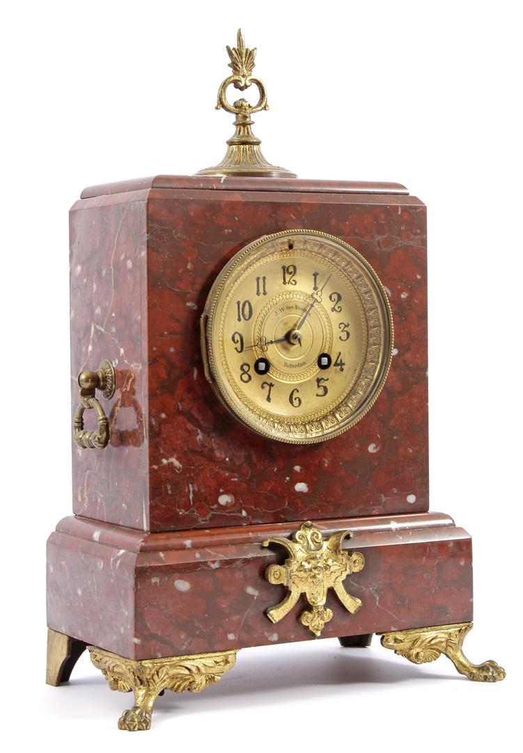 French marble mantel clock, timepiece marked Japy: French marble mantel clock, timepiece marked Japy Freres, with address JW van Eymeren Rotterdam on dial 35.5 cm high.