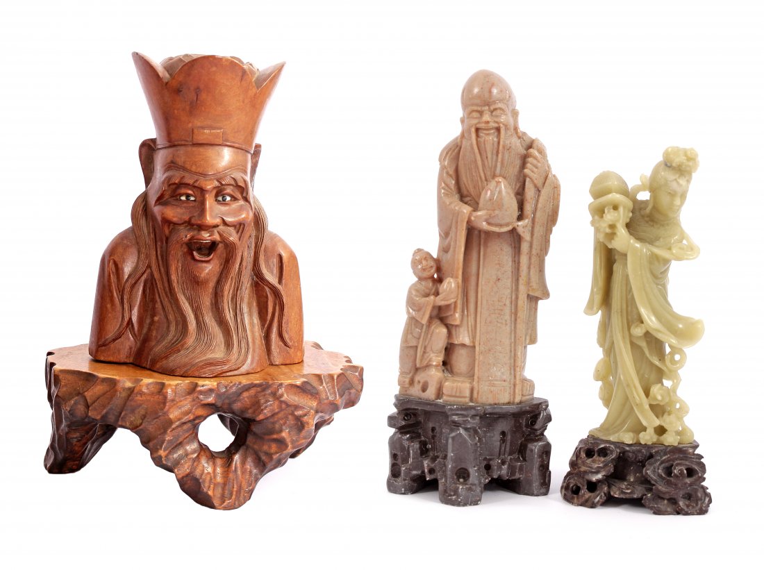 Chinese teak bust of a wise man 20.5 cm high, on base: Chinese teak bust of a wise man 20.5 cm high, on base 8.5 cm high and 2 soapstone statues of woman 15 cm high and sculpture group 18 cm high & nbsp;