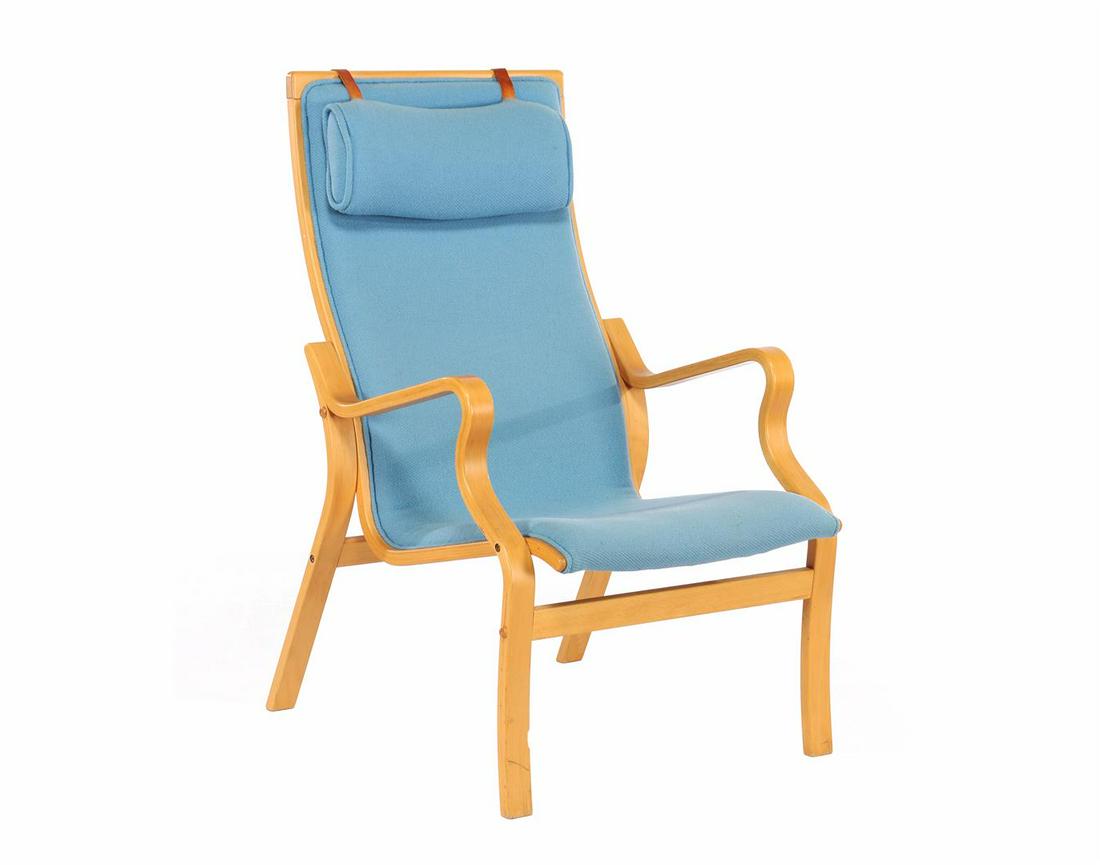 Beech armchair with light blue upholstery and loose: Beech armchair with light blue upholstery and loose pillow in the style of Bruno Mathsson