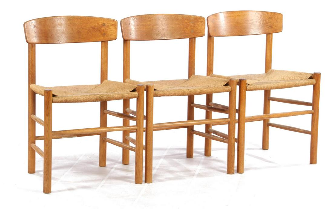 Borge Mogensen (1914-1972) 3 blank oak dining room: Borge Mogensen (1914-1972) 3 blank oak dining room chairs with paper cord seat, design Borge Mogensen for FDB, model J39 / Frederica, Denmark, 1950s