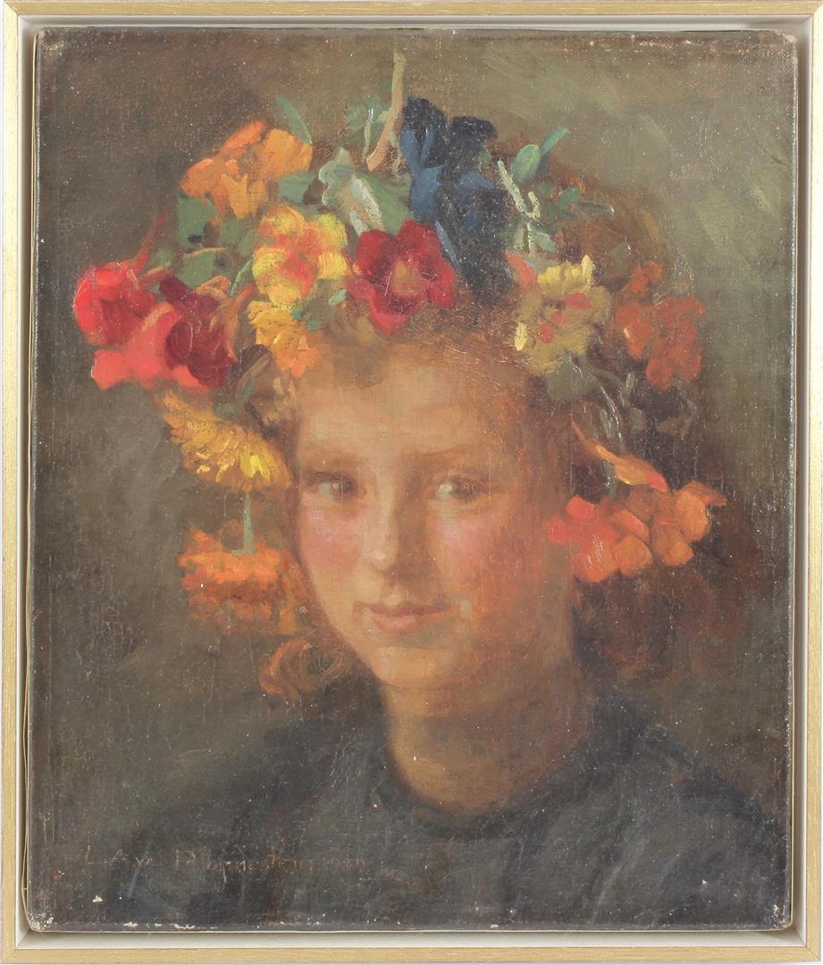 Louise Alice Anrine Blommestein: Louise Alice Anrine Blommestein (1882-1965)Portrait of a girl with flowers in her hair, canvas dated 1939, 34x29 cm