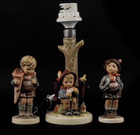 Goebel Hummel: Goebel Hummel earthenware figurine of a boy with hands in the pockets 13.5 cm high (miniscule chip of hair lock), figurine of a boy with cone 14 cm high (spot on the stand ring) and table lamp base 25