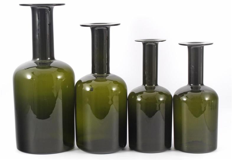 Holmegaard 4x: Michael Bang (1942-2013)4 green glass bottles, design Michael Bang for Holmegaard 36 cm, 37 cm, 42.5 cm and 49.5 cm high