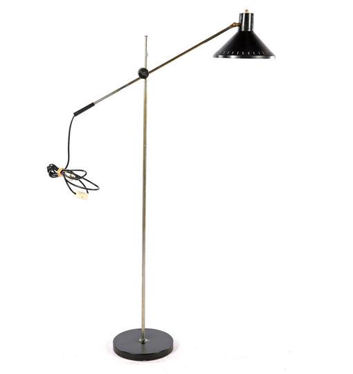 Hoogervorst midcentury lamp: J.M. Hoogervorst (1918-1984)Adjustable metal fishing rod lamp with black shade, J.J.M. Hoogervorst for Anvia, the Netherlands 1960s, approx. 140cm high