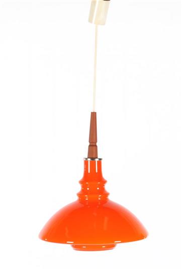 Holmegaard ceiling lamp: Orange glass hanging lamp, Denmark, design Holmegaard Kastrup, 1960s, 46 cm high, 36 cm diameter