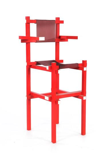 Red and white childrens chair: Red and white lacquered & nbsp; wooden high chair with leather & nbsp; back and seat, & nbsp; in the style of Gerard van de Groenekan and Gerrit Rietveld, not marked