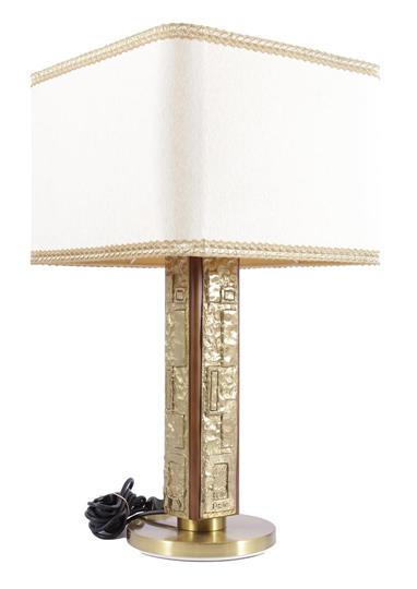 Midcentury bronze table lamp: Angelo Brotto (1914-2002)Design Angelo Brotto Esperia 1960s bronze table lamp with wood and brass, with upholstered shade 65.5 cm high