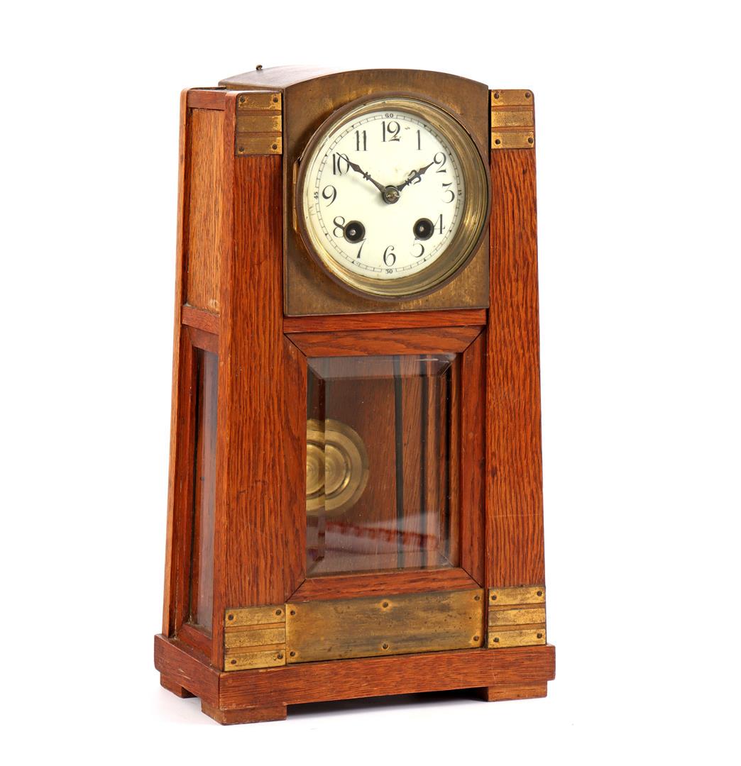 Art Deco mantel clock in oak case with copper fittings: Art Deco mantel clock in oak case with copper fittings, 34.5 cm high