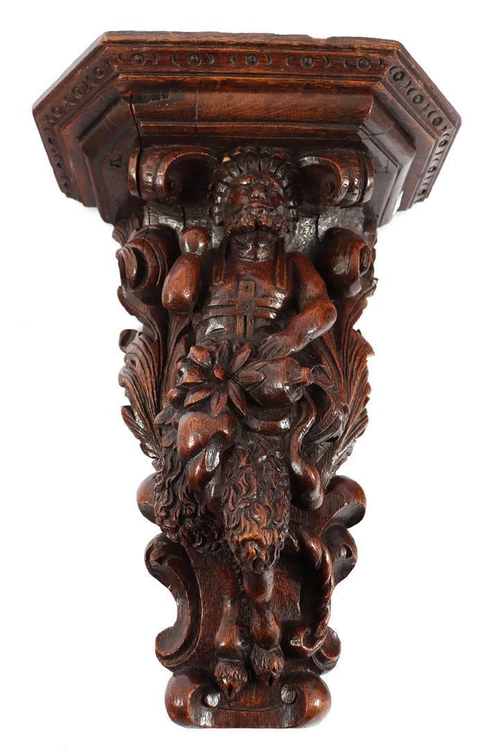 Oak richly decorated wall console with faun: Oak richly decorated wall console with faun 43.5 cm high, 33 cm wide