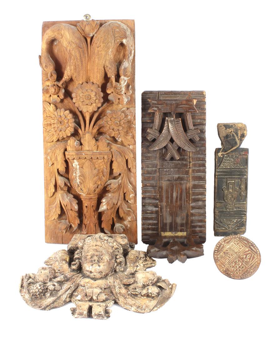 Carved ornamental ornament Yugoslavia, Schwarzwalder: Carved ornamental ornament Yugoslavia, 45x19 cm, Schwarzwalder bookend, antique ornament with Angel face, 18.5x29 cm and 2 wooden relief stamps for butter or cake