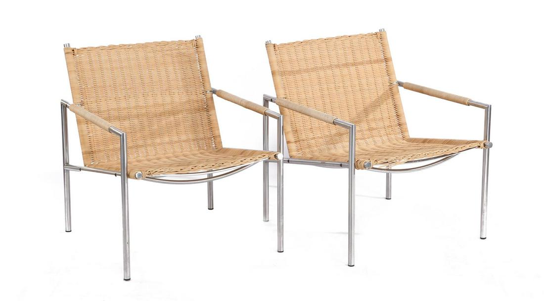 Martin Visser (1922-2009) 2 metal armchairs with woven: Martin Visser (1922-2009)2 metal armchairs with woven wicker, design Martin Visser for 't Spectrum, model SZ01, Netherlands 1970s