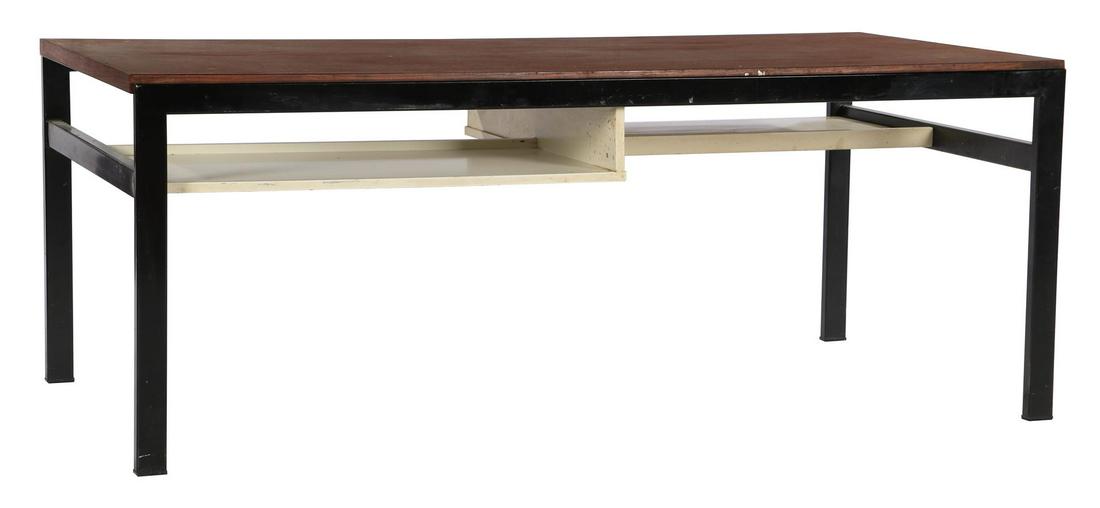 Cees Braakman (1917-1995) Blackened metal coffee table: Cees Braakman (1917-1995)Blackened metal coffee table with teak veneer and white formica top (reversible), 2 white lacquered storage compartments, design Cees Braakman for Pastoe, model TU04, Netherla