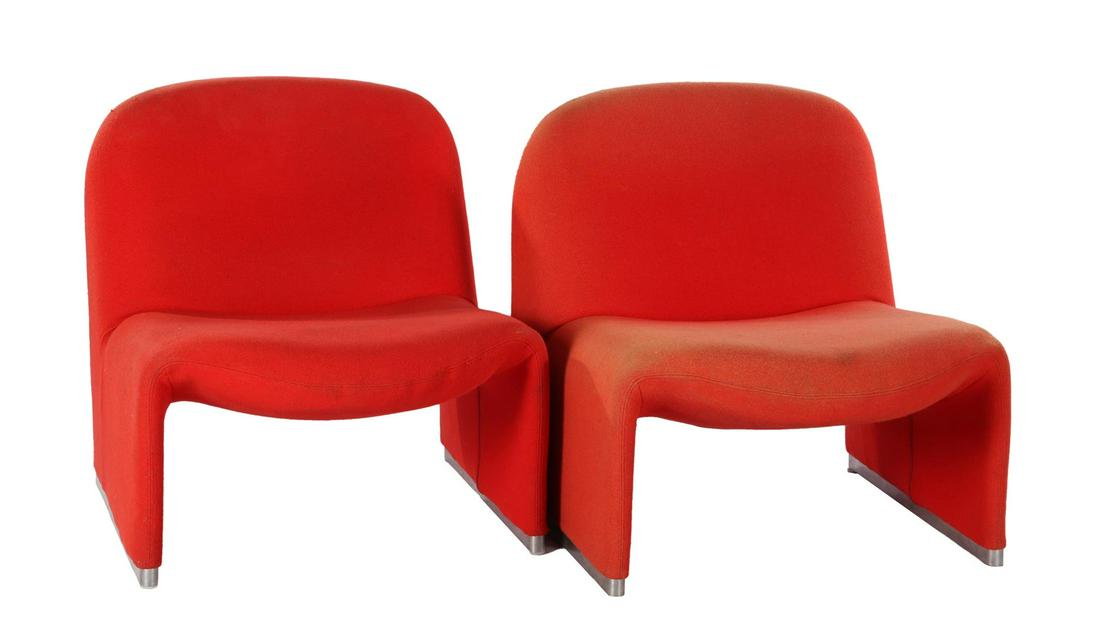 Giancarlo Piretti (1940-) 2 red upholstered recliners,: Giancarlo Piretti (1940-)2 red upholstered recliners, design 1969 Giancarlo Piretti for Castelli, model Alky, Italy 1980s (discolouration and stains)