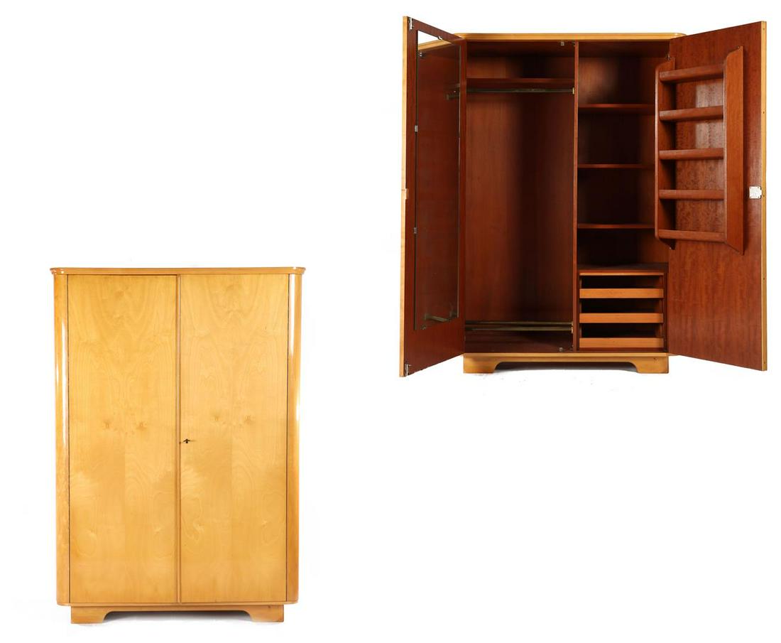 Birch veneer 2-door wardrobe with teak veneer inside: Birch veneer 2-door wardrobe with teak veneer inside cabinet with drawers and shelves and mirror, 1950s, in the style of Cees Braakman 180 cm high, 128.5 cm wide, 56 cm deep