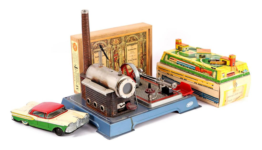 Wilesco steam engine: Wilesco steam engine 27 cm high, 311x25 cm, tin toy car Edsel, 1960s, Russian tin wind-up train track in original box and wooden block box with building blocks of the Anker brand in new version