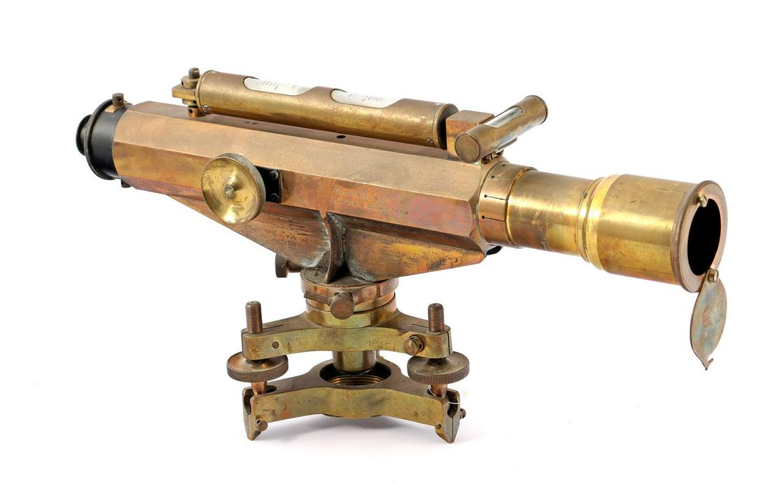 Marked BJ Hall & Co Ltd London theodolite: Marked BJ Hall & amp; Co Ltd London & amp; Birmingham, brass theodolite 19 cm high, 40 cm long