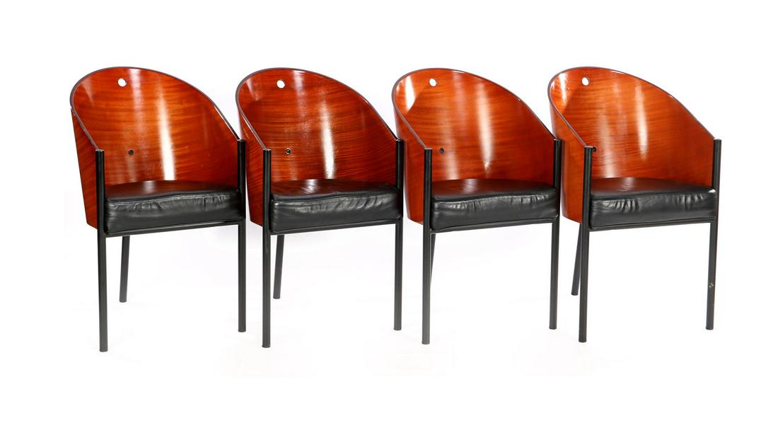 Philippe Starck (1949-): Philippe Starck (1949-) 4 mahogany veneer dining room chairs on black metal base, design Philippe Starck for Draide - Aleph, model Costes (designed for French restaurant) & nbsp; France late 20th cent