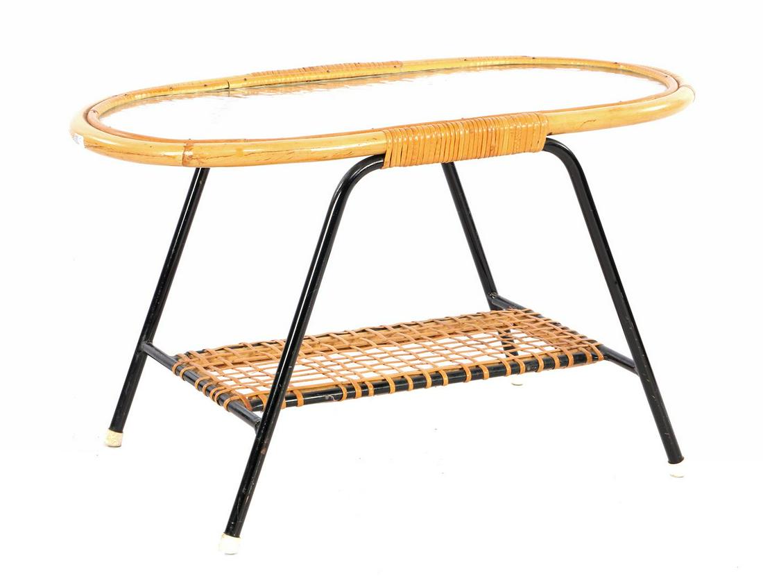 Oval rattan coffee table with glass top: Oval rattan coffee table with glass top, 1960s, & nbsp; 42 cm high, top 71x36 cm