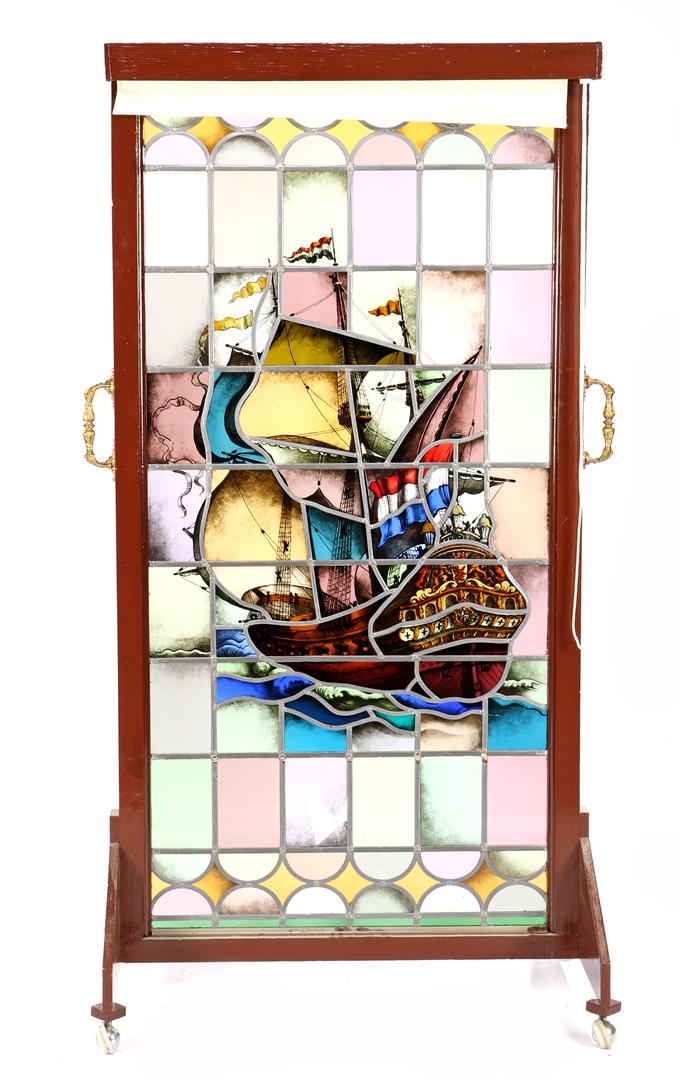Stained glass window depicting a three-master ship, in (1 of 2)