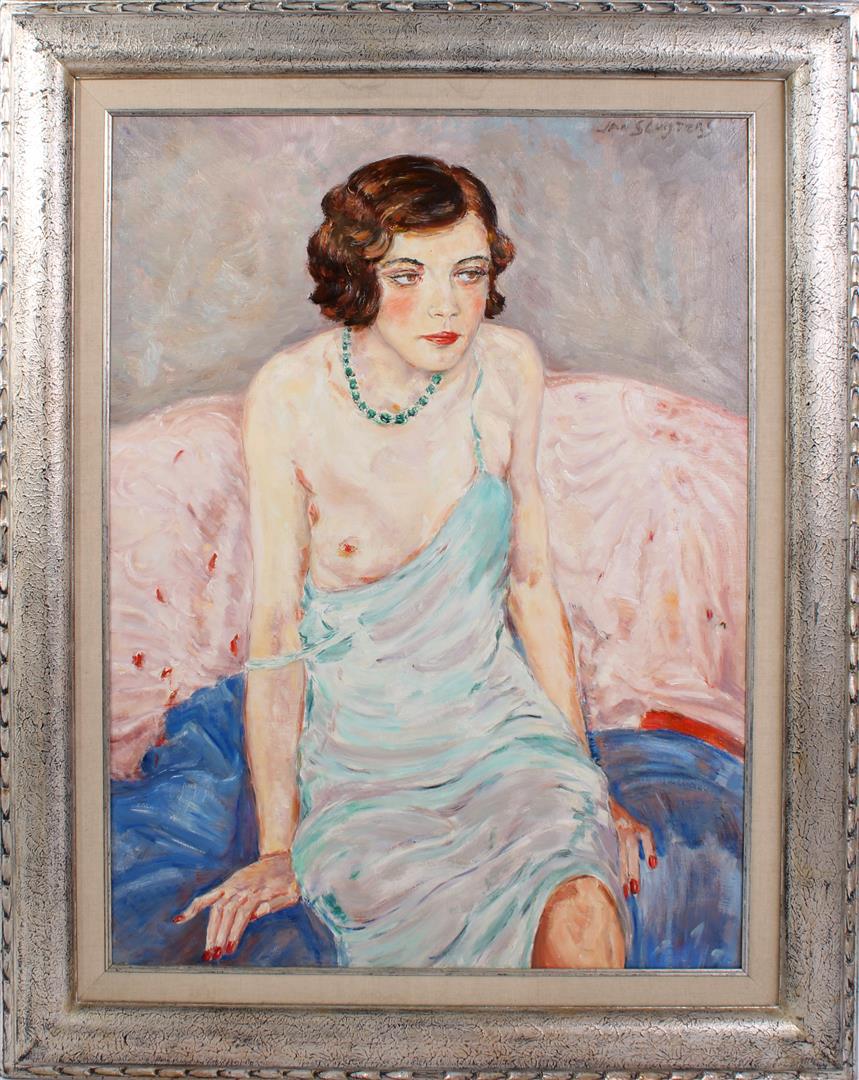 Jan Sluijters (1881-1957): Jan Sluijters (1881-1957)Posing lady in green dress sitting on divan. Possibly from the series that also resulted in La Chemise Verte. Signed top right, not dated, stretcher with stamp D Carlier, Krui