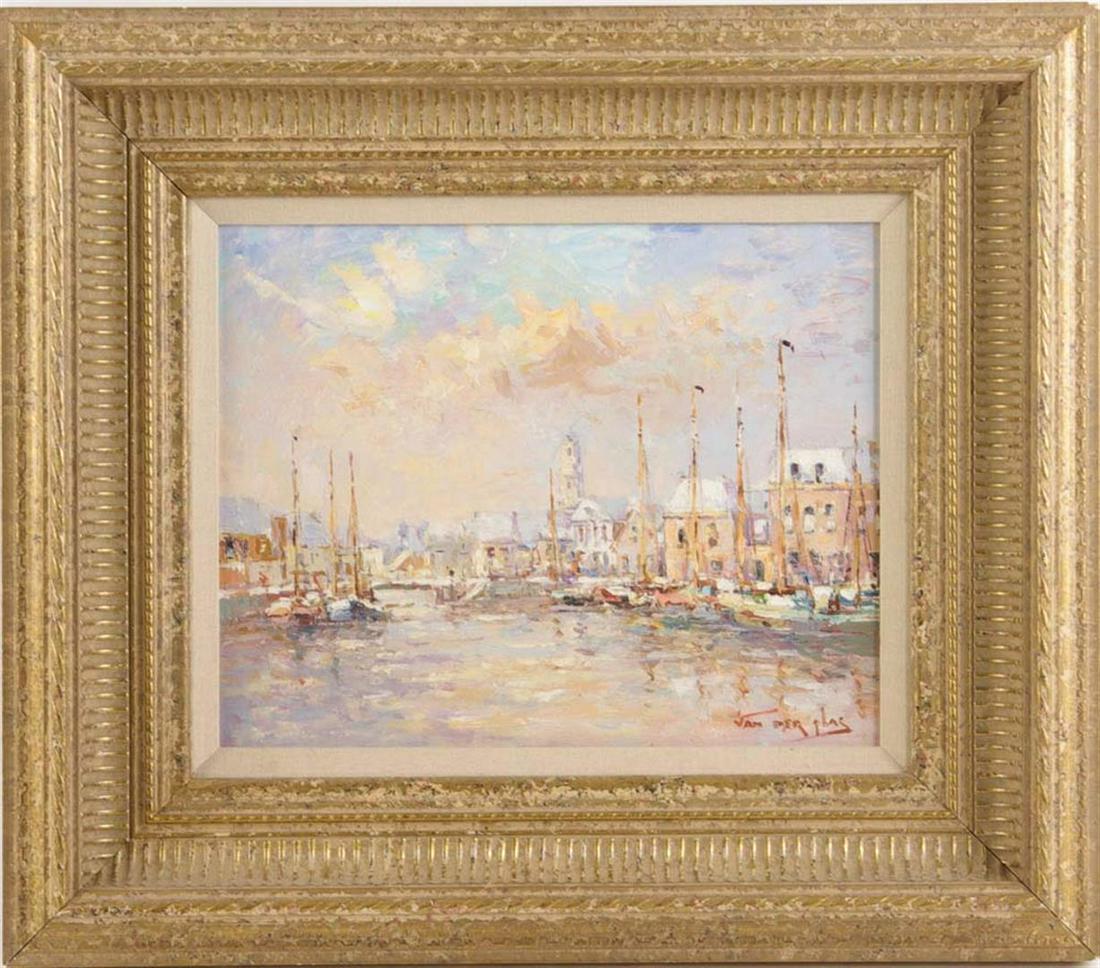 Niek van der Plas (1954-): Niek van der Plas (1954-)Port of Lemmer, panel 24x30 cm
