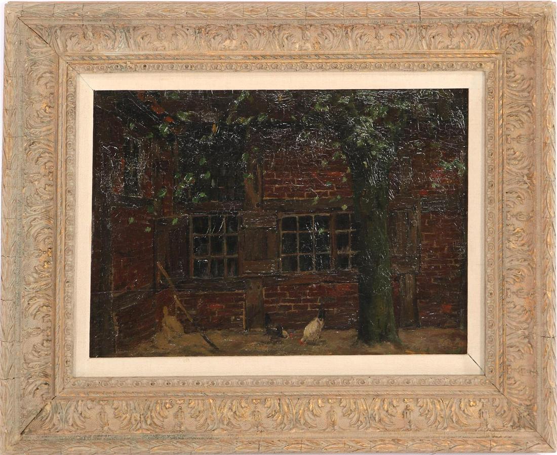 Arnold Marc Gorter (1866-1933): Arnold Marc Gorter (1866-1933)Chickens in the yard under a tree, panel 26x36.5 cm. Marked at the bottom right Atelier A M Gorter