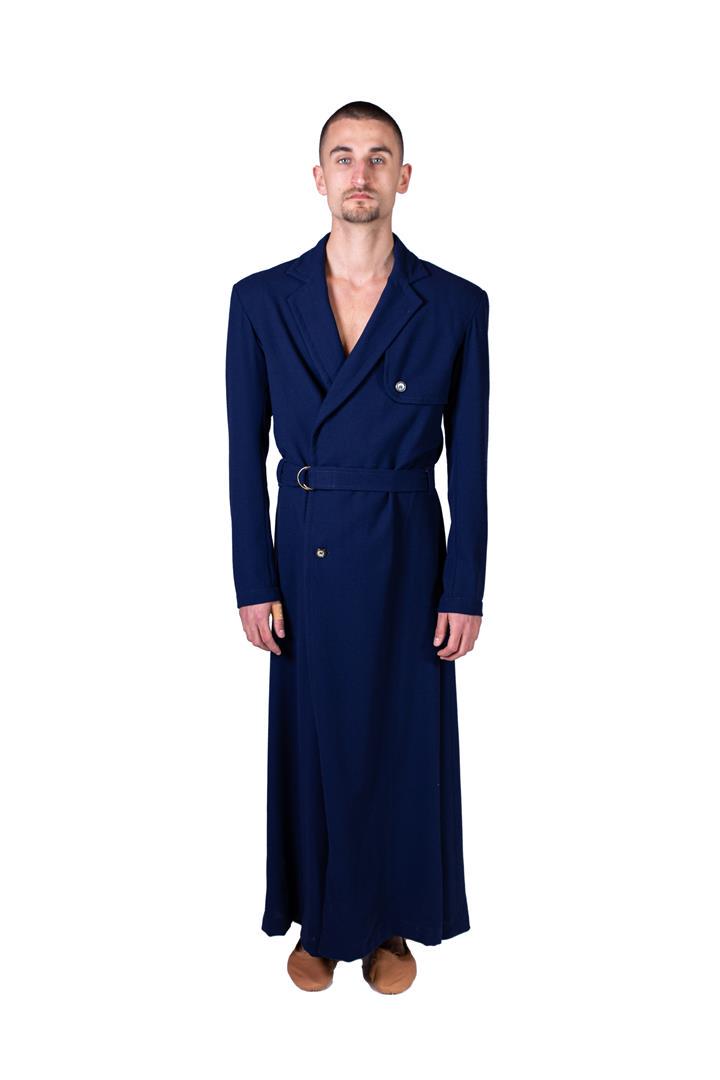 Long men's coat with dark blue belt. Costume from: Long men's coat with dark blue belt. Costume from celebrAGE (2011), a co-production of choreographers Adriaan Luteijn and Gisela Rocha and photographer and filmmaker Erwin Olaf. Costume design: Sjaak