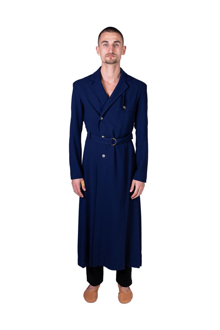 Long men's coat with dark blue belt. Costume from: Long men's coat with dark blue belt. Costume from celebrAGE (2011), a co-production of choreographers Adriaan Luteijn and Gisela Rocha and photographer and filmmaker Erwin Olaf. Costume design: Sjaak