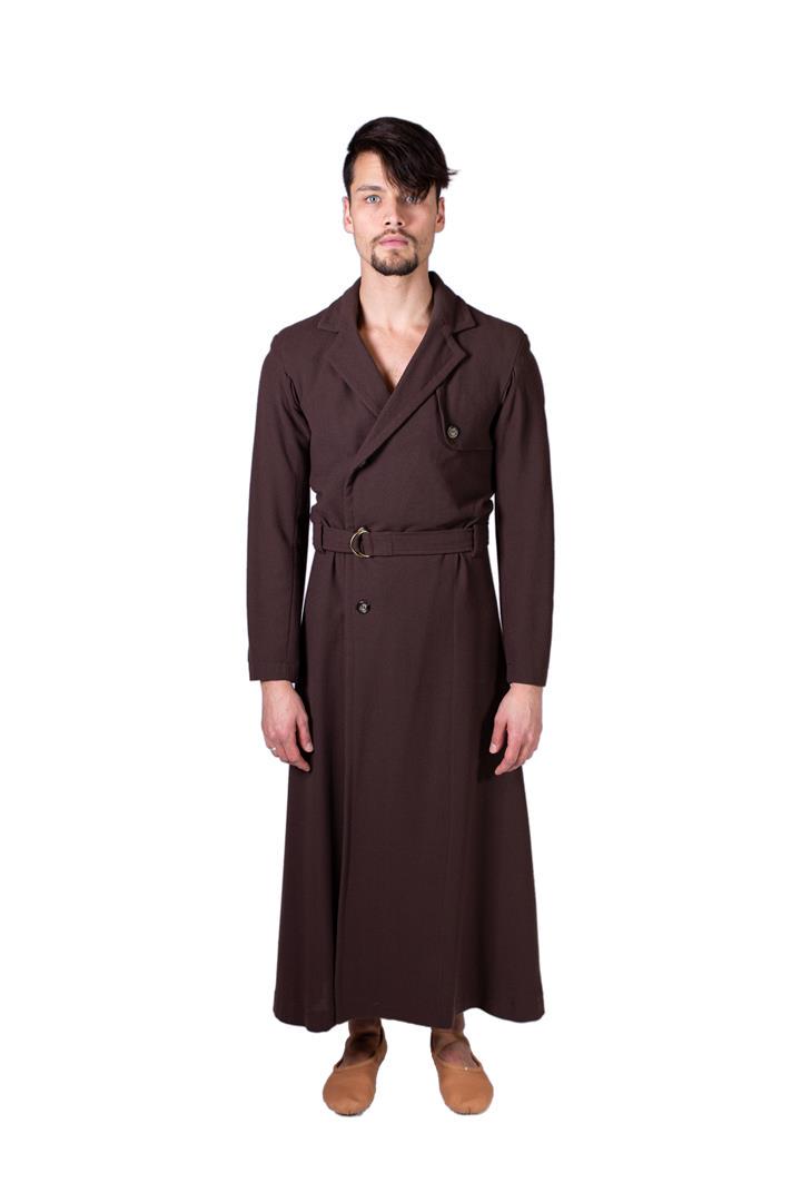 Long men's coat with brown belt. Costume from celebrAGE: Long men's coat with brown belt. Costume from celebrAGE (2011), a co-production of choreographers Adriaan Luteijn and Gisela Rocha and photographer and filmmaker Erwin Olaf. Costume design: Sjaak Hull