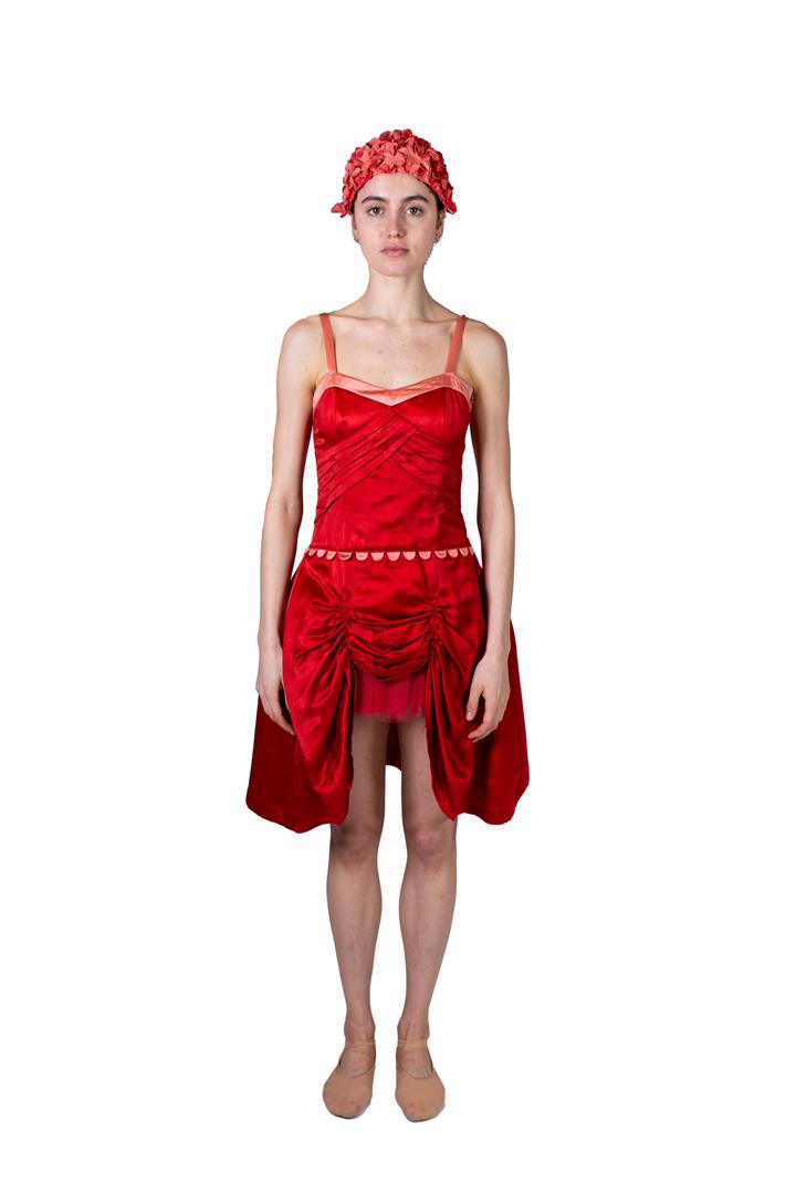 Red dress with bathing cap. Costume from the ballet: Red dress with bathing cap. Costume from the ballet stop and go yes and no (2007), choreography Didy Veldman. Costume design: Miriam Buether, worn by dancer Femke Feddema, size M