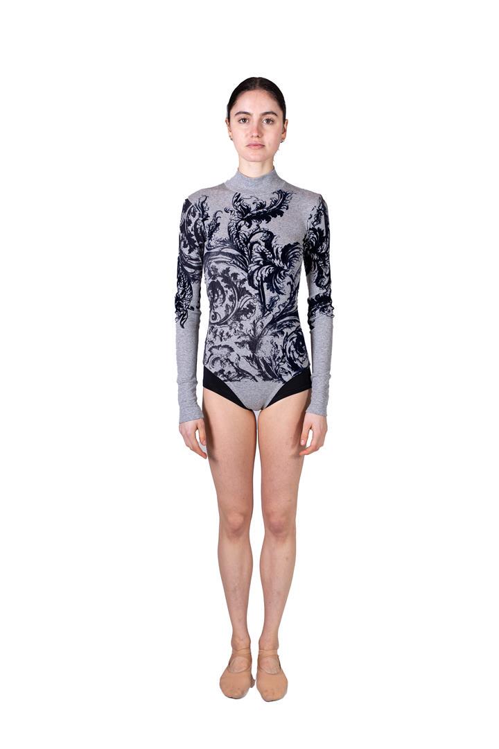 Gray body shirt with black flower decoration: Gray body shirt with black flower decoration. Costume from celebrAGE (2011), a co-production of choreographers Adriaan Luteijn and Gisela Rocha and photographer and filmmaker Erwin Olaf. Costume desig