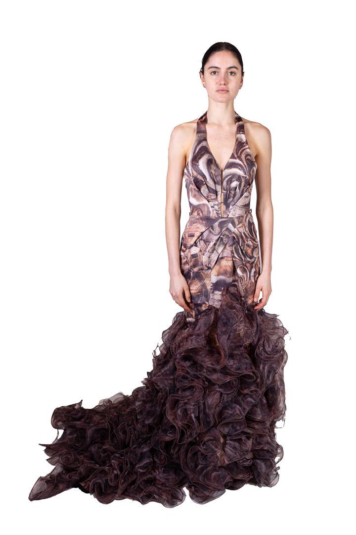 Brown prom dress with ruffles. Costume from celebrAGE: Brown prom dress with ruffles. Costume from celebrAGE (2011), a co-production of choreographers Adriaan Luteijn and Gisela Rocha and photographer and filmmaker Erwin Olaf. Costume design: Fernando Sil