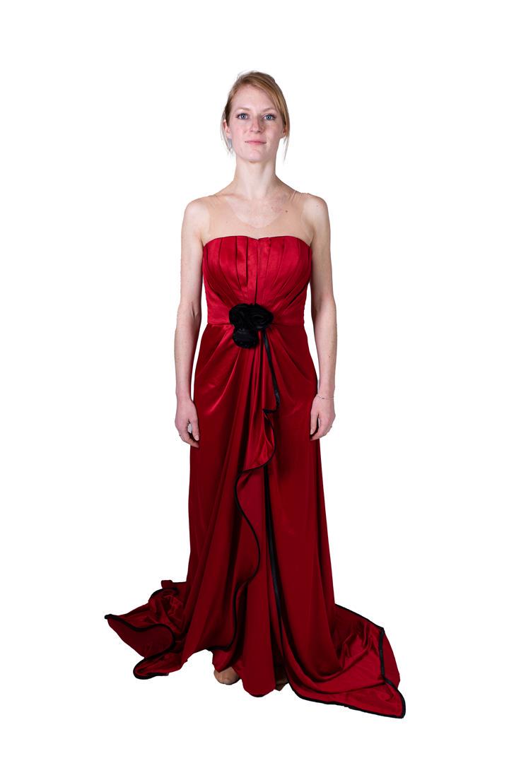 Red strapless prom dress with black roses: Red strapless prom dress with black roses. Costume from celebrAGE (2011), a co-production of choreographers Adriaan Luteijn and Gisela Rocha and photographer and filmmaker Erwin Olaf. Costume design: