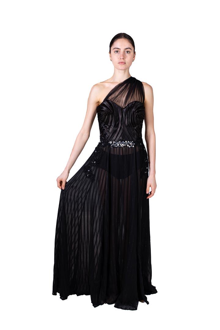 Black prom dress with beaded decoration at the waist: Black prom dress with beaded decoration at the waist. Costume from celebrAGE (2011), a co-production of choreographers Adriaan Luteijn and Gisela Rocha and photographer and filmmaker Erwin Olaf. Costu