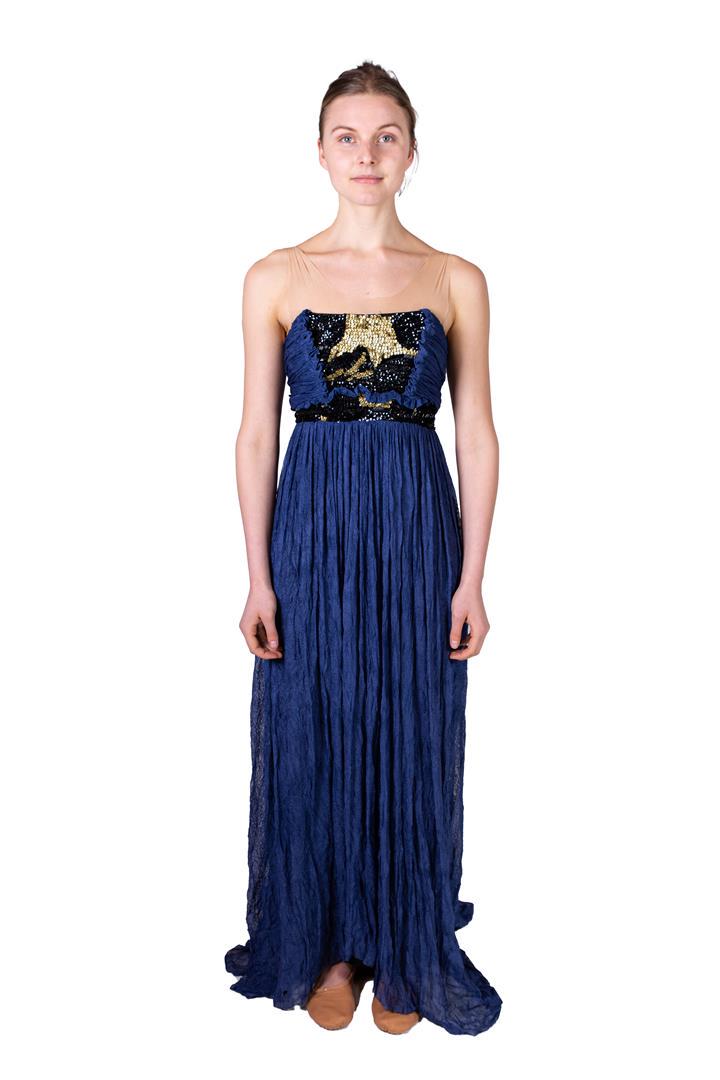 Blue strapless evening dress with gold / black sequins: Blue strapless evening dress with gold / black sequins. Costume from celebrAGE (2011), a co-production of choreographers Adriaan Luteijn and Gisela Rocha and photographer and filmmaker Erwin Olaf. Cos