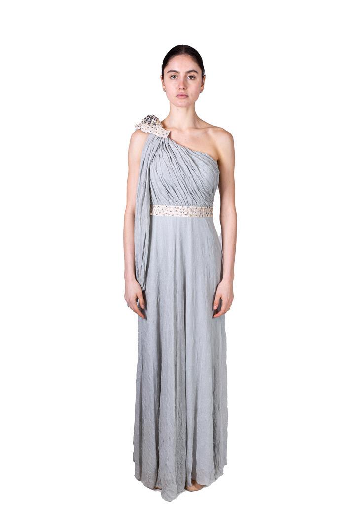 Gray long evening dress with beaded decoration: Gray long evening dress with beaded decoration. Costume from celebrAGE (2011), a co-production of choreographers Adriaan Luteijn and Gisela Rocha and photographer and filmmaker Erwin Olaf. Costume des