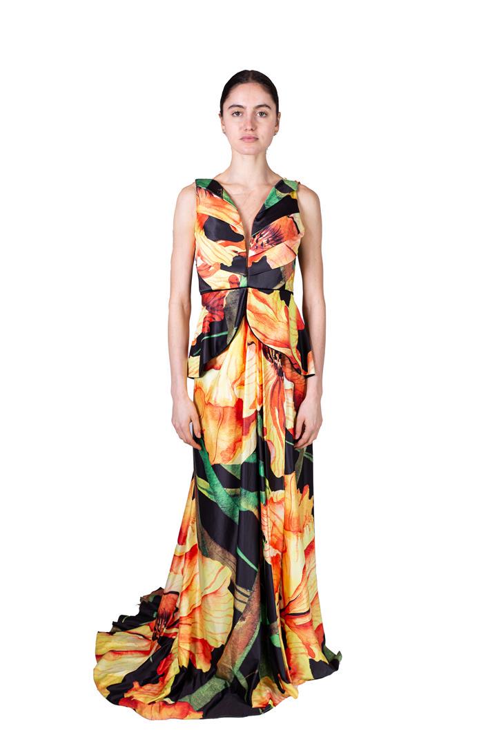 Evening dress (orange-yellow-black design). Costume: Evening dress (orange-yellow-black design). Costume from celebrAGE (2011), a co-production of choreographers Adriaan Luteijn and Gisela Rocha and photographer and filmmaker Erwin Olaf. Costume design: