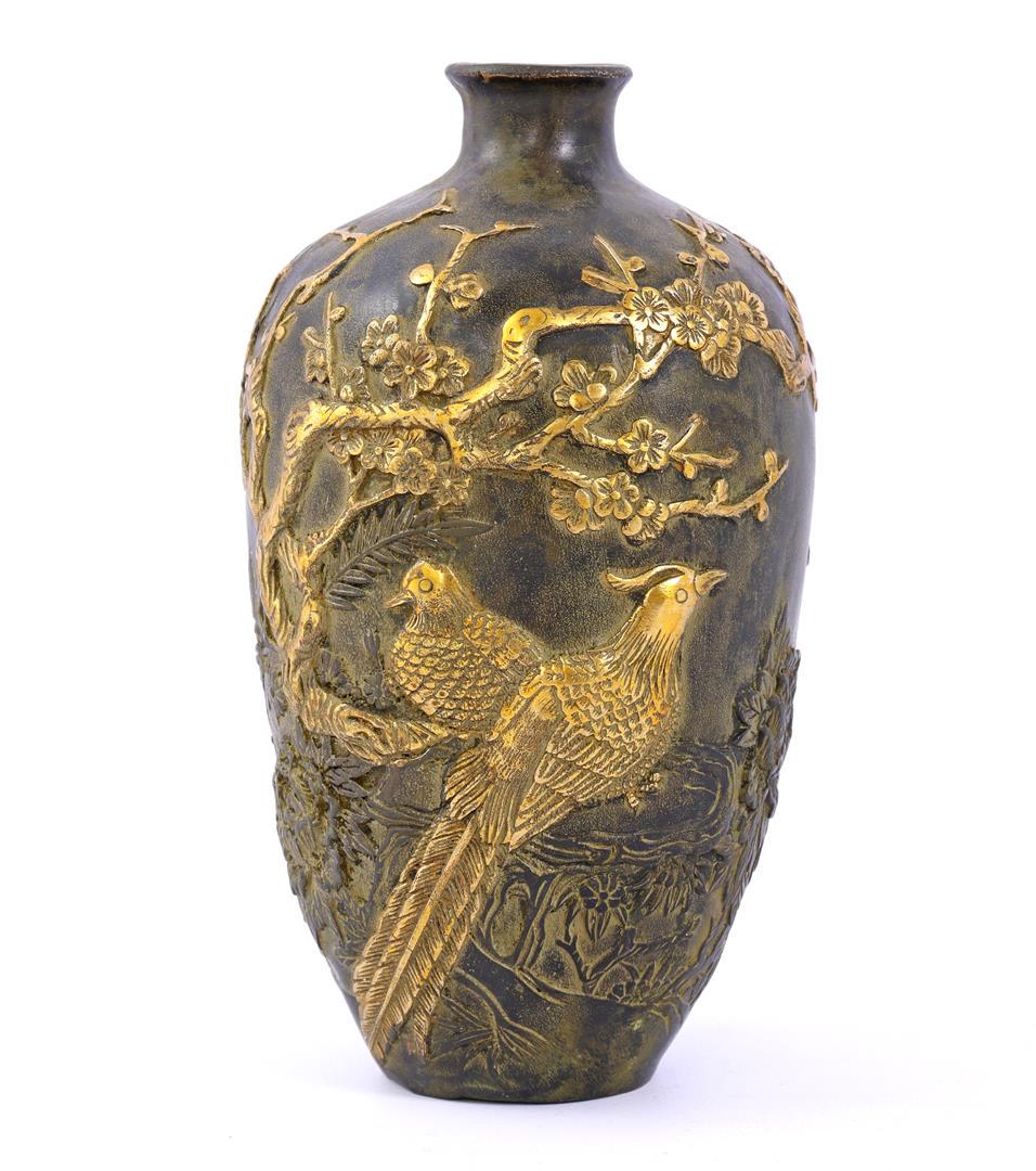 Bronze vase with gold decoration of birds in a floral (1 of 2)