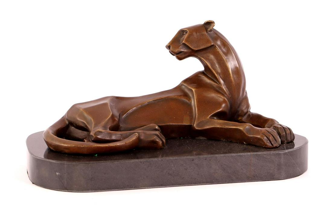Bronze reclining panther, in Art Deco style, on marble (1 of 1)