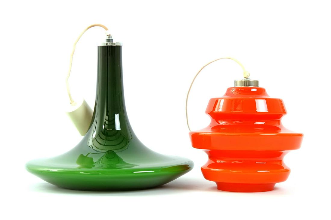 Green glass pendant lamp and orange glass pendant lamp: Green glass pendant lamp total 70 cm high, 39 cm diameter and orange glass pendant lamp, circa 1970, total 90 cm high, 25 cm diameter