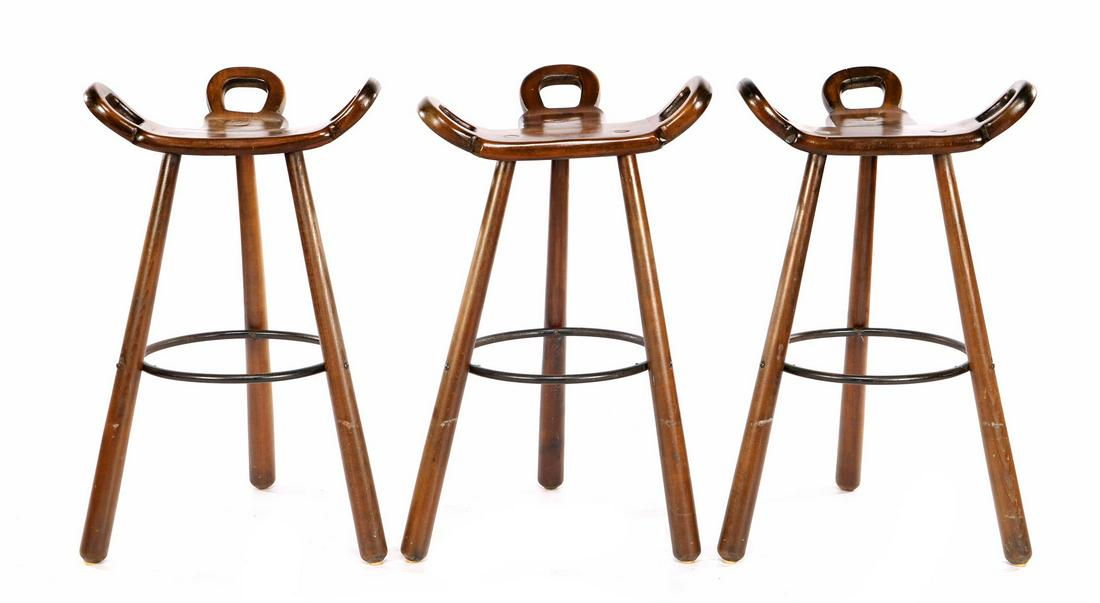 3 walnut bar stools in Brutalism style (1 of 2)