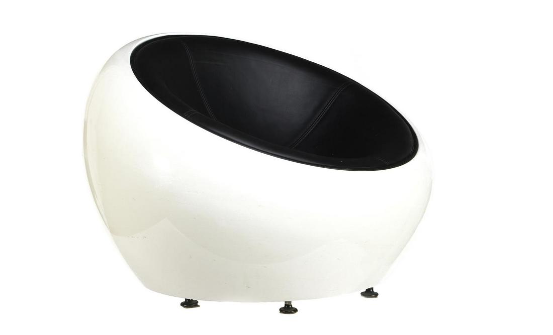 Scoop chair, in the style of Eero Aarnio: Scoop chair, in the style of Eero Aarnio, ABS with padded seat part with foam and covered with PU, on swivel base 66 cm high, 92 cm wide, 89 cm deep
