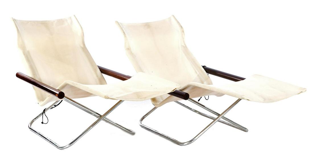 Nii Takeshi (1920-2007): Nii Takeshi (1920-2007)2 tubular frame folding recliners and 2 folding chairs with round wooden armrests and canvas cover
